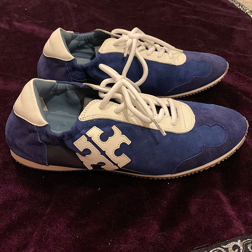 Tory Burch Marine Blue Stretchy Sneakers Sz 7.5 - Picture 1 of 8